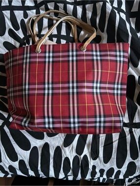 Burberry Red Plaid Tote with Tan Handles